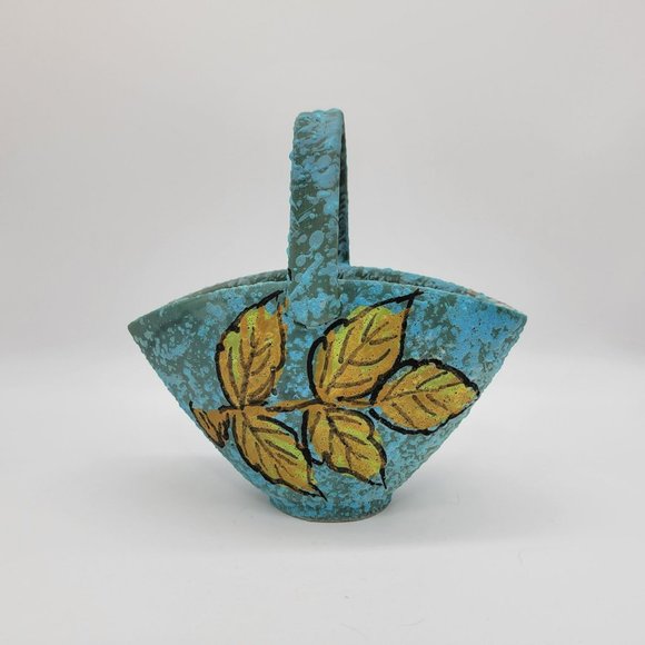 Vintage MCM Italian Pottery Basket Blue Lava Glaze With Yellow Leaf 8" Hand Pain - Picture 6 of 13